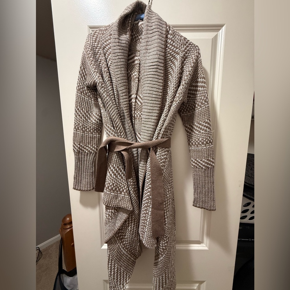Bebe Brown and Cream Knit Cardigan with Belt